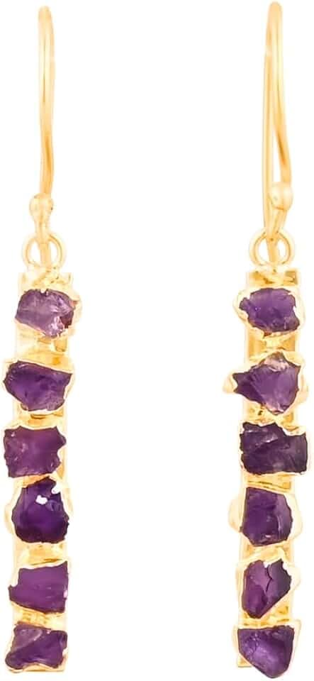Gempires Genuine Gemstone Drop Bar Earrings for Women 14k Gold Plated Hammer Finish Dangle Handmade Hypoallergenic Crystal Jewelry Gift