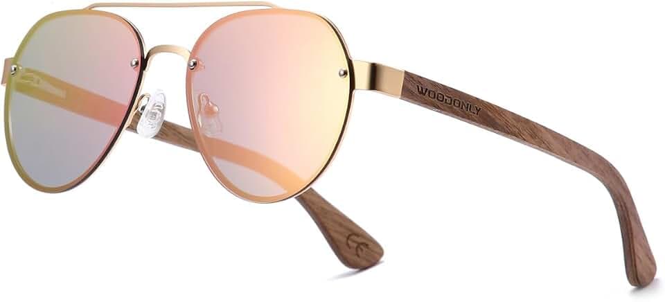 Holz Piloten Sonnenbrille ohne Rand - Polarisierte Sonnenbrille mit Metallrahmen für Damen und Herren Perfekte Geschenke
