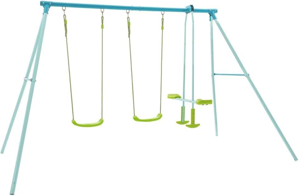 TP Dreifach-Schaukel-Set mit Gleiter, Verstellbarer Metallschaukelständer mit Schaukeln, Flexible Schaukel mit Geschirrskulpten, robuster Metallrahmen, Gleiter, Hinterhof, Outdoor-Spielset, ab 6