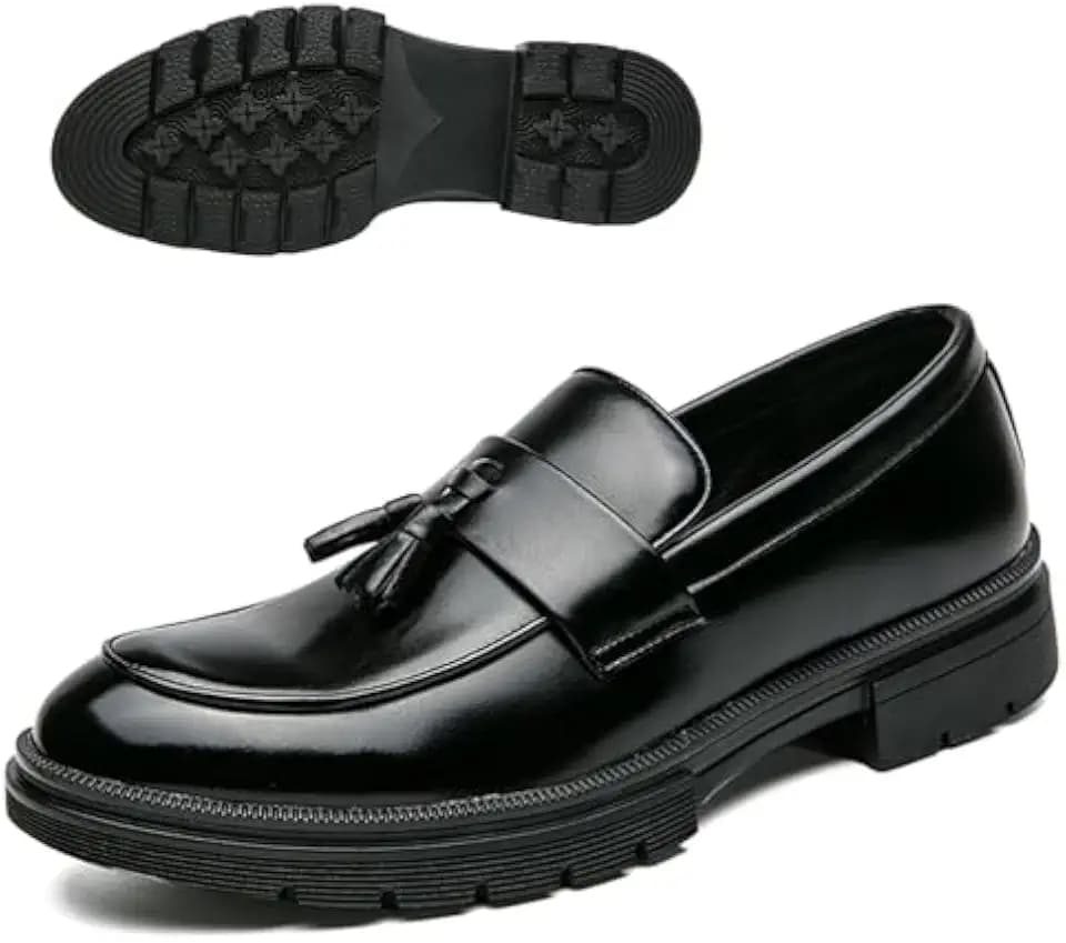 Men's Fashion Tassel Platform Loafers Comfortable Wide Round Toe Slip on Lug Sole Low Block Heel Business Dress Shoes Non-Slip Work Office Casual Shoes
