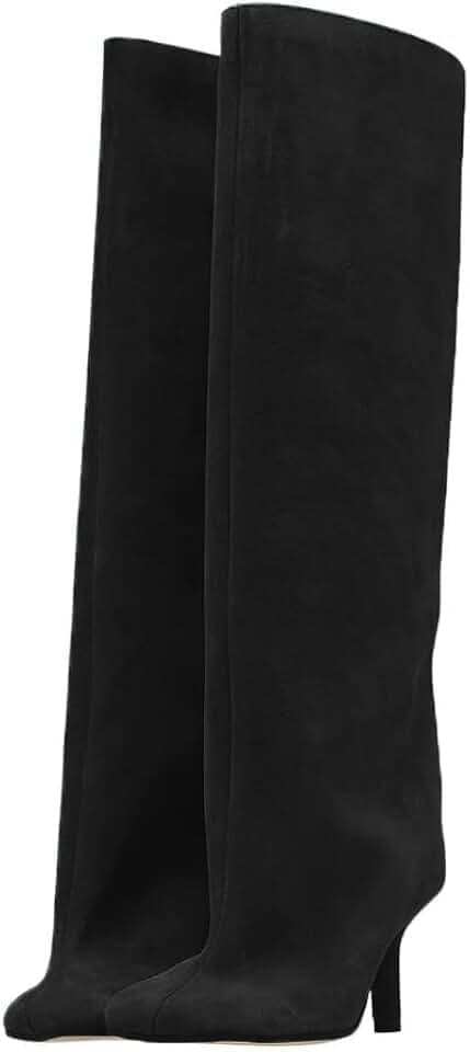 Women's Knee High Boots Nude Suede Wide Calf Stiletto Long Booties Square Toe Pull On High Heel Riding Boots for Women Ladies Fahion Dress Tall Boots