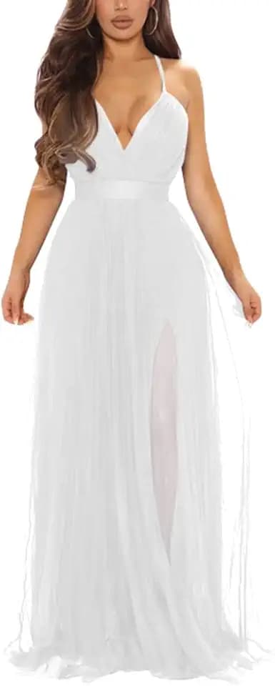 XXTAXN Womens Sexy Deep V Neck Split Cocktail Formal Prom Maxi Dress