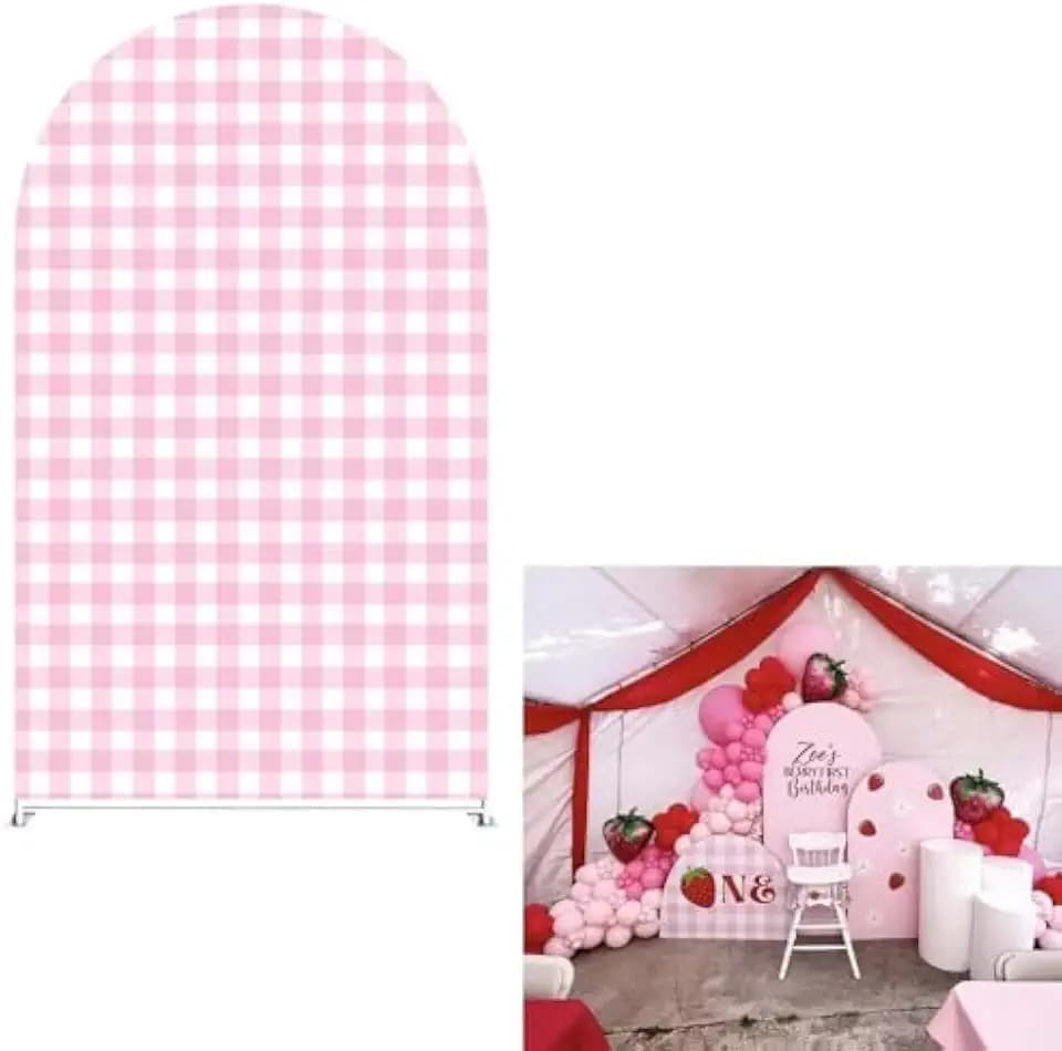 Strawberry Arch Backdrop Stand Covers Baby Shower Kids Girls Pink Birthday Party Decorations Arches Background Fabric Cover Festa Parties Banquets Decor Props (4x7ft Cover,69plaid)