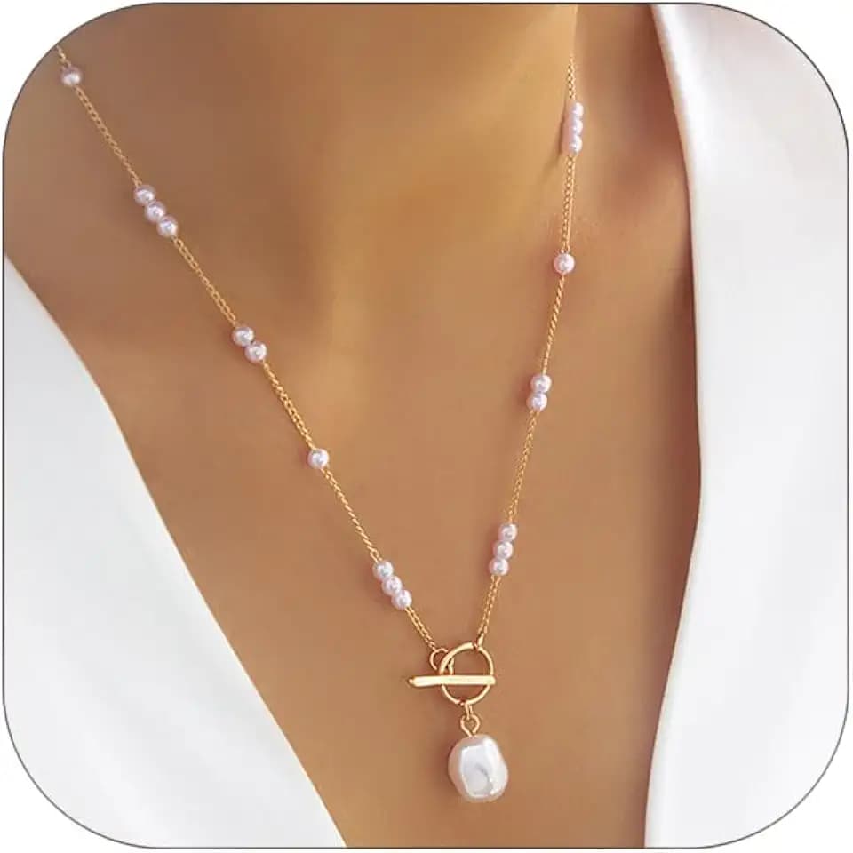 Pearl Necklace for Women Long Baroque Pearl Choker Dainty Gold Beaded Necklaces Toggle Necklaces Stainless Steel Trendy Jewelry Hypoallergenic