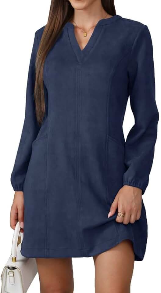 JayscreateEU Damen Kleid Mit Taschen Langarm V-Ausschnitt Herbstkleid Winterkleid Damen Knielang Tunika A Linien Shirtkleid Mit Taschen Langarm Autumn Dress