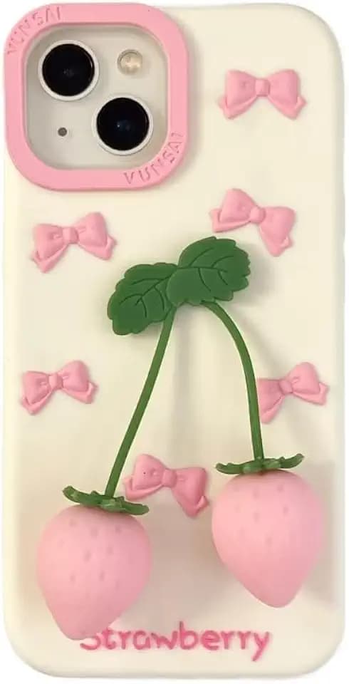 Bowknot Case for iPhone 16 Pro Max 6.9 inch,3D Cute Kawaii Unique Novel Character Bow with Strawberry Pendant Soft Silicone Case for Kids Girls Women
