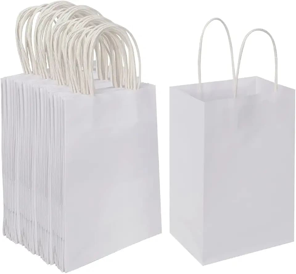 Oikss 100 Pack 5.25x3.25x8.25 Inch Small White Kraft Paper Bags with Handles Bulk for Birthday Wedding Party Favors Grocery Retail Shopping Business Goody Craft Gift Bags Cub Sacks (100pcs Count)