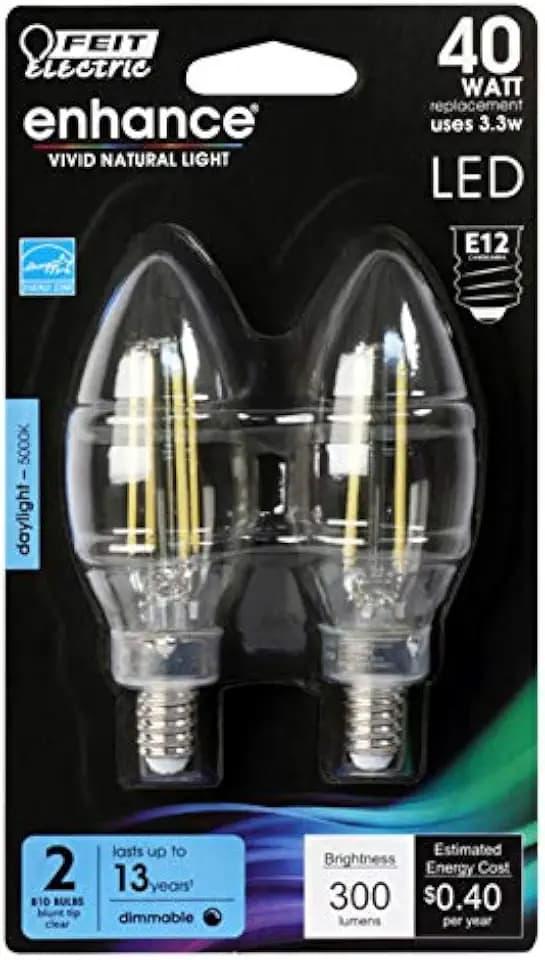 Feit Electric BPCTC40950CAFIL/2/RP 40W EQ DM Candelabra LED Light Bulb, 2 Bulbs