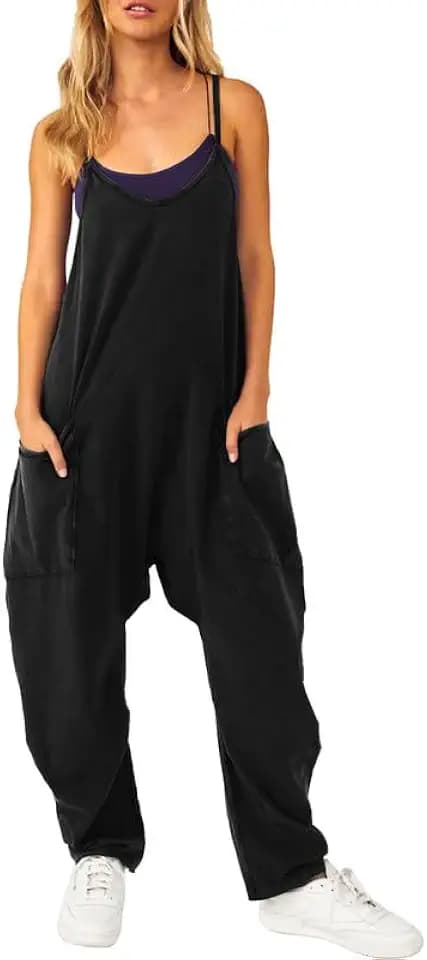Litthing Latzhose Damen Wide Leg Jumpsuit With Pockets Übergroßer Lockerer Reißverschluss Lässiger Overall Dünne Träger Große Hose Mit Großen Taschen Haremshose Baggy Soft Comfort Romper Playsuit
