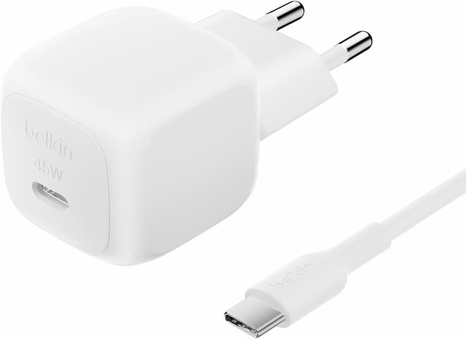 Belkin BoostCharge Chargeur secteur compact 45 W Avec câble USB-C vers USB-C, Recharge Rapide, Pour Tous Les modèles de l'iPhone 17, Air, 16, Samsung Galaxy, Google Pixel, iPad, AirPods, etc - Blanc