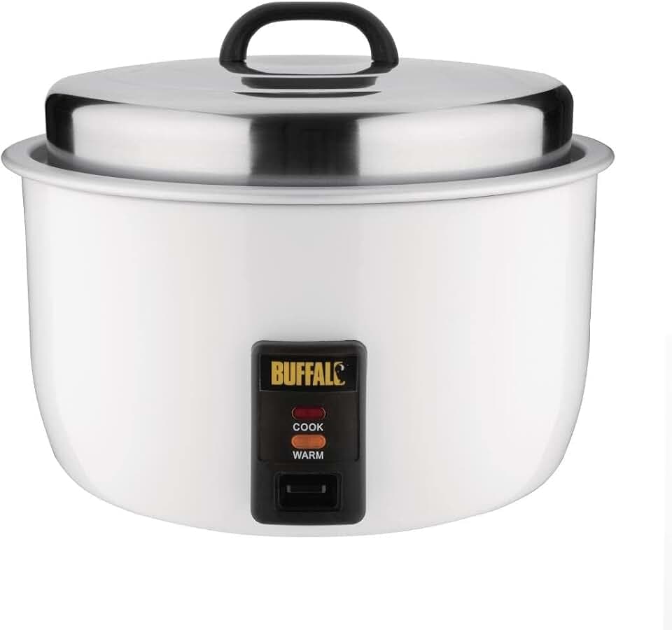 Buffalo 2.95kW Gewerblicher Hochleistungs-Reiskocher 10Ltr, Weiß, Antihaft-Innentopf, Automatische Umschaltung von Kochen auf Warmhalten, Reiskapazität: 23 Liter gekocht / 10 Liter trocken, CB944