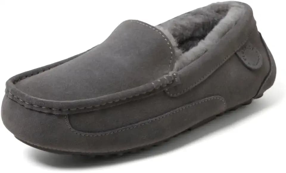 Fireside By Dearfoams Men's Melbourne Genuine Shearling Moccasin Slippers, Memory Foam Sudede Loafers Slip-in House Shoes
