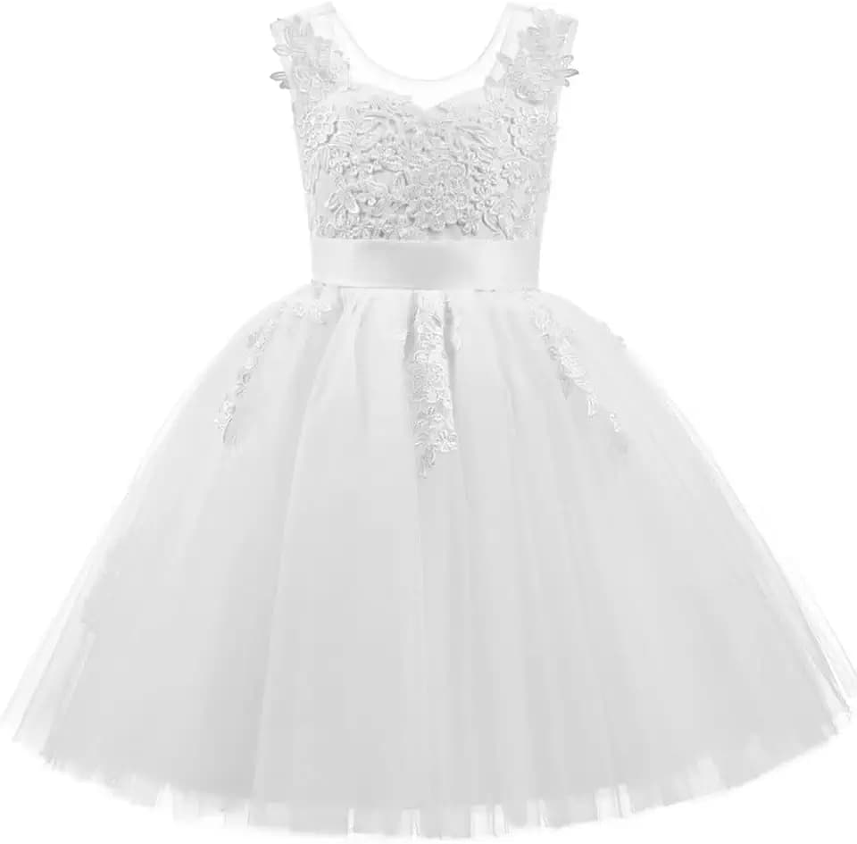 PLWEDDING Spitze V zurück Tüll Blumenmädchen Kleid Junior Mädchen Brautjungfer Hochzeit Partykleider