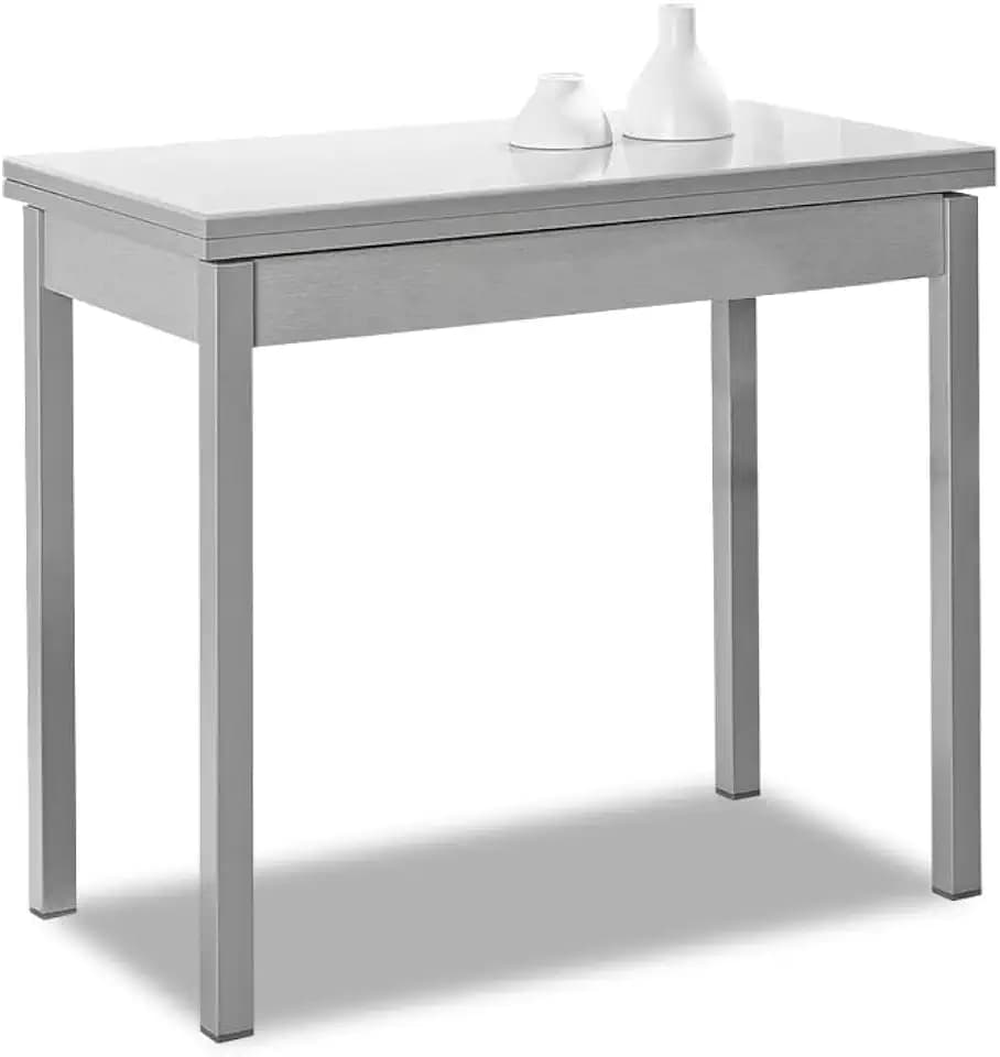ASTIMESA Ausziehbarer Küchentisch ohne Schublade - 80 x 40 cm (80 x 80 cm) - Struktur und Platte innen Farbe Aluminium - Glasplatte weiß