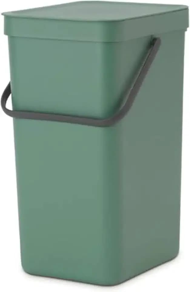 Brabantia Sort & Go Abfalleimer mit Deckel 16 L (dunkelgrün), platzsparender Pfandsammler mit Griff, abnehmbarer, feststellbarer Deckel, leicht zu reinigender großer Mülleimer ohne Ecken und Ränder