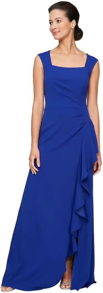 Alex Evenings Women's Long Cascade Ruffle Sleeveless Gown with Leg Slit, Mother of The Bride Dress, Elegant Party Gown