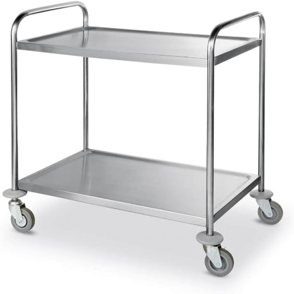 HENDI Servierwagen, für Geschirr, Küchenwagen, mit 4 Lenkrollen-2 Davon gebremst, 2 Regalböden, Max. Traglast pro Boden 50kg, 905x585x(H) 945mm, Blech 830x510mm, Edelstahl