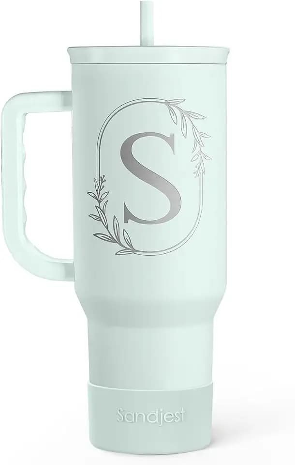 Personalized Monogrammed Tumbler with Handle 40oz, Letter S Tumblers Insulated Coffee Travel Cup, Custom Initial Gift for Women Girls Friends, Monogram Gift for Christmas Birthday Mothers Day