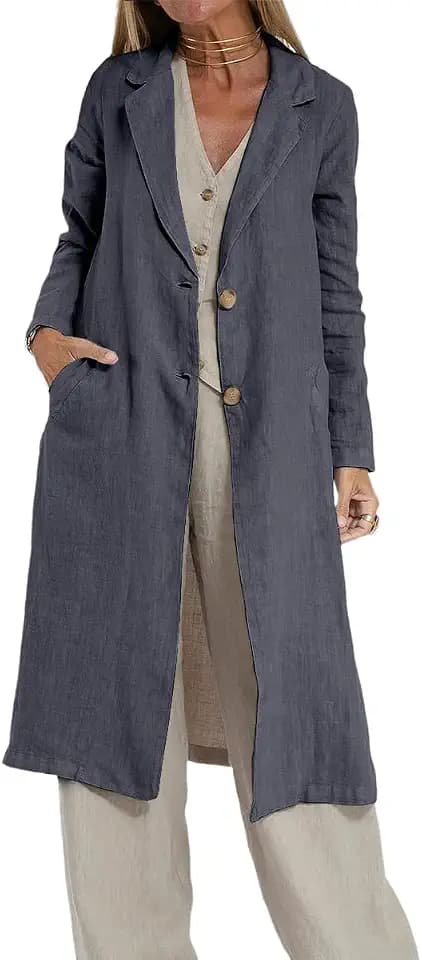 IDEALSANXUN Womens Long Linen Blazer Jackets Casual Lightweight Trench Coat