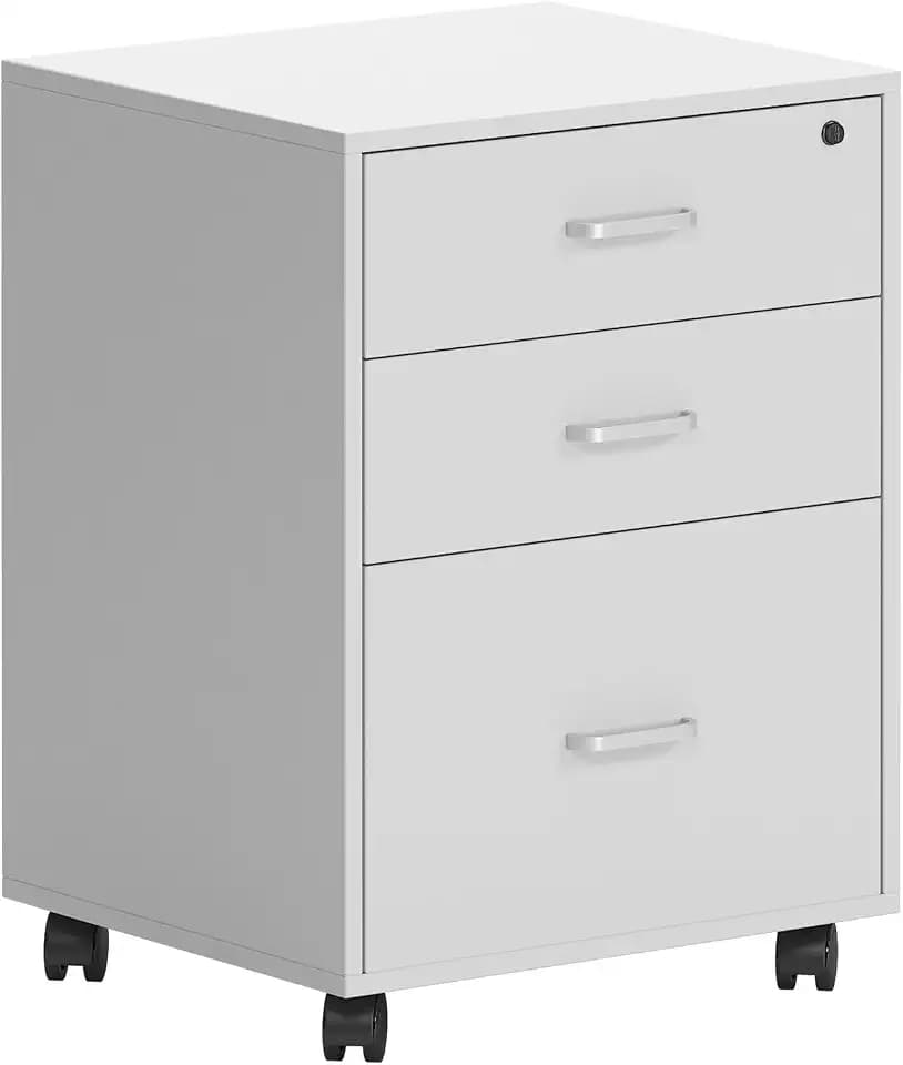 SogesHome Aktenschrank auf Rollen mobiler Rollcontainer Büroschrank abschließbar,Bürocontainer mit 3 Schubladen Büromöbel weiß Schreibtischcontainer Home Office