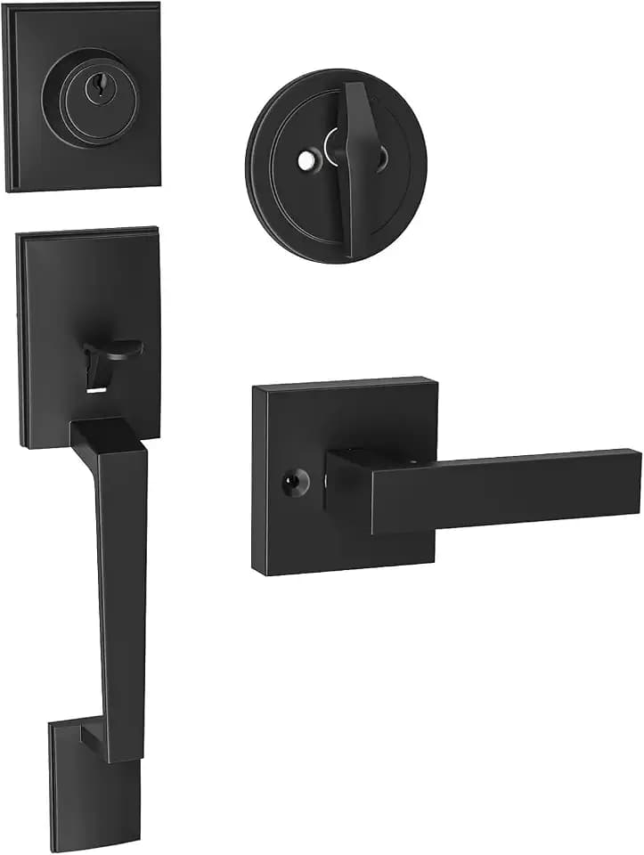 HOSOM Front Door Lock Set Black Front Door Handle with Deadbolt and Lever Set Exterior Door Handle Set with Single Cylinder Deadbolt Entry Door Locksets for Right&Left Handed, Matte Black