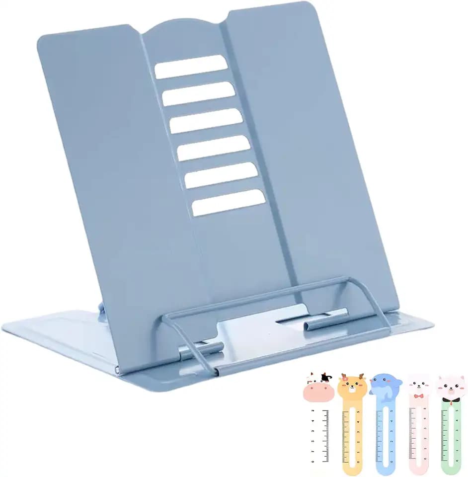 Faltbarer Buchständer aus Metall, Leseständer für Bücher, Verstellbar Leseständer, Kochbuchhalter, Rutschfest Buchständer, mit 5 pcs Lesezeichen(Blau)