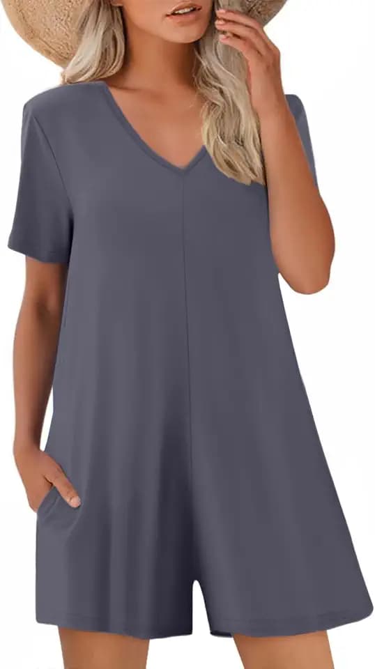 Rompers for Women Summer Casual Short Sleeve Jumpsuits Loose V Neck One Piece Outfits with Pockets