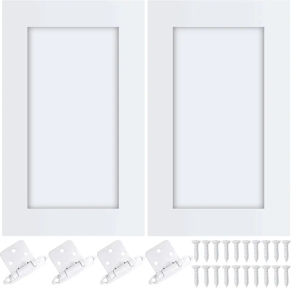 Cinnvoice 2 Pcs Pine Kitchen Cabinet Door Replacement with 4 Pcs Cabinet Hinges Wood Shaker Door Front Replacement for Kitchen, Bathroom, Vanity(White,11.7" W X 22.5" H)