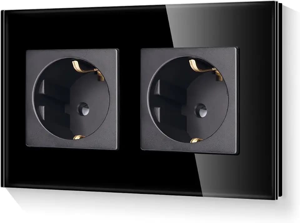 LIAONFOY Schuko Doppel Steckdose mit Kindersicherung Glasrahmen 2 Fach Wandsteckdose Unterputz Schwarz Zweifach 110-250V 157mm