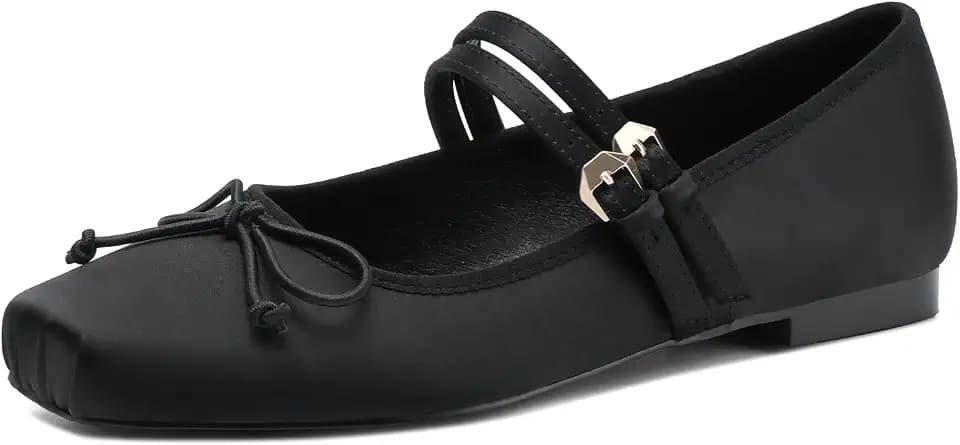Ballet Flats for Women Closed Square Toe Low Heel Flats with Bow Double Buckle Straps Dress Cute Mary Jane Shoes for All-Year Daily Casual Wear