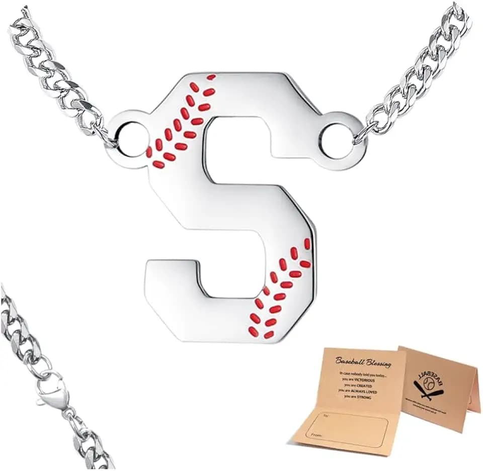 QINJIEJIE Baseball Necklace Baseball Drip Initial A-Z Letter Necklaces Sports Accessories Charm Pendant Stainless Steel Silver 22inch Baseball Chain Personalized Gifts for Him