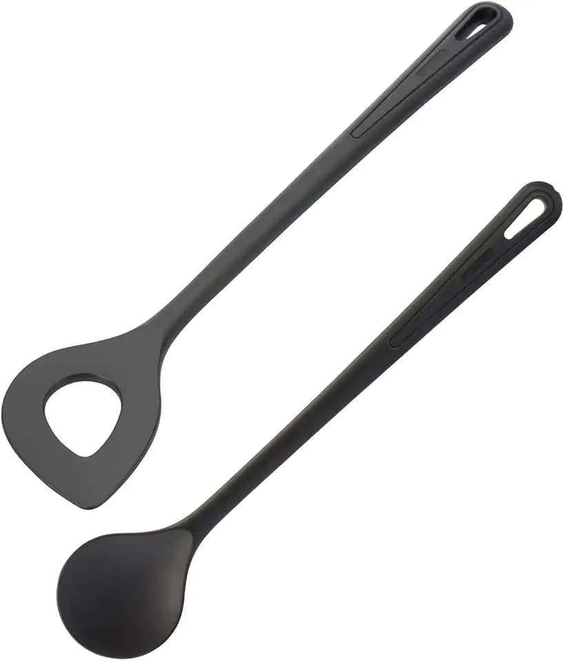 Westmark Spitzlochlöffel + Rühr-/Kochlöffel-Set, 2tlg., Hochhitzebeständig bis 270 °C, Kunststoff, Gentle-Plus, Schwarz, 288722E9