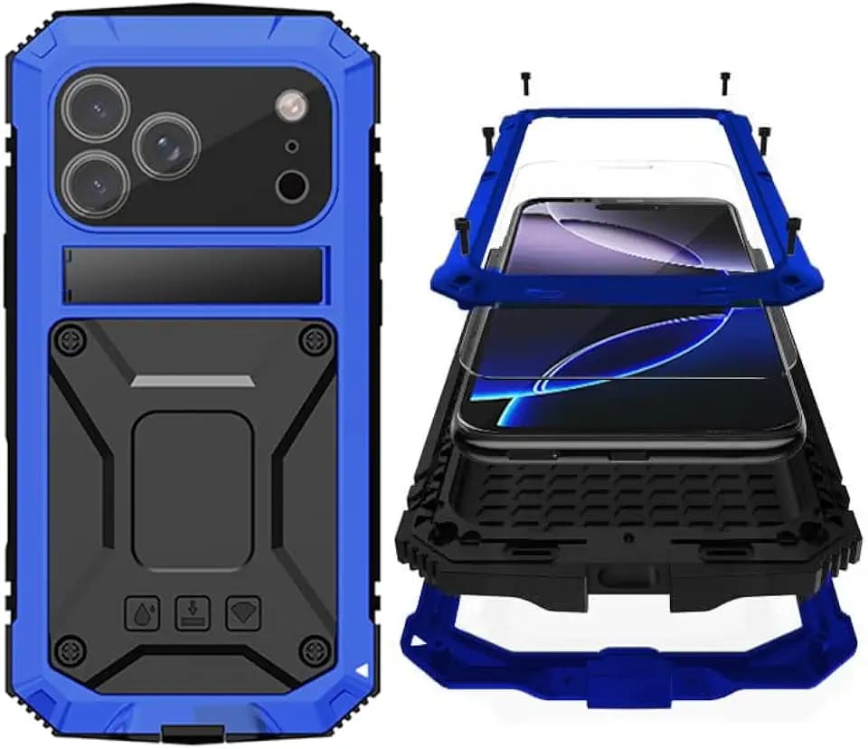 Simicoo for iPhone 17 Pro Max Metal Military Heavy Duty Case, Metal Bumper Silicone Shockproof Dustproof Rugged Tough with Stand Screen Protector Camera Control Full Body Drop Protective Cover (Blue)