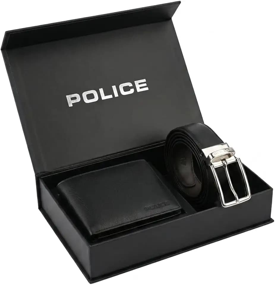 Police Herren Geschenkset - Geldbörse & Wendegürtel aus Echtleder, Schwarz/Braun