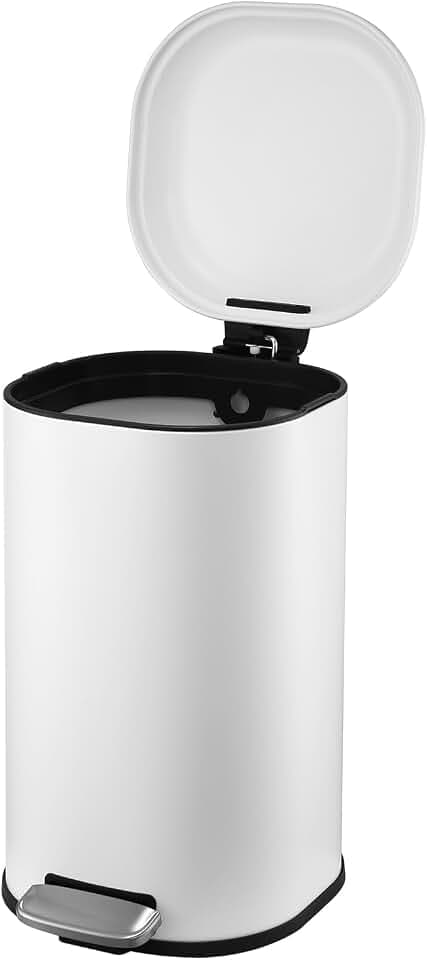 Garvee 8 gal/30 L Trash Can for Kitchen, Fingerprint Proof Stainless Steel Garbage Can with Soft-Close Lid, Rectangular Step Recycle Waste Bin for Laundry Room, Office, Bedroom, Bathroom, White