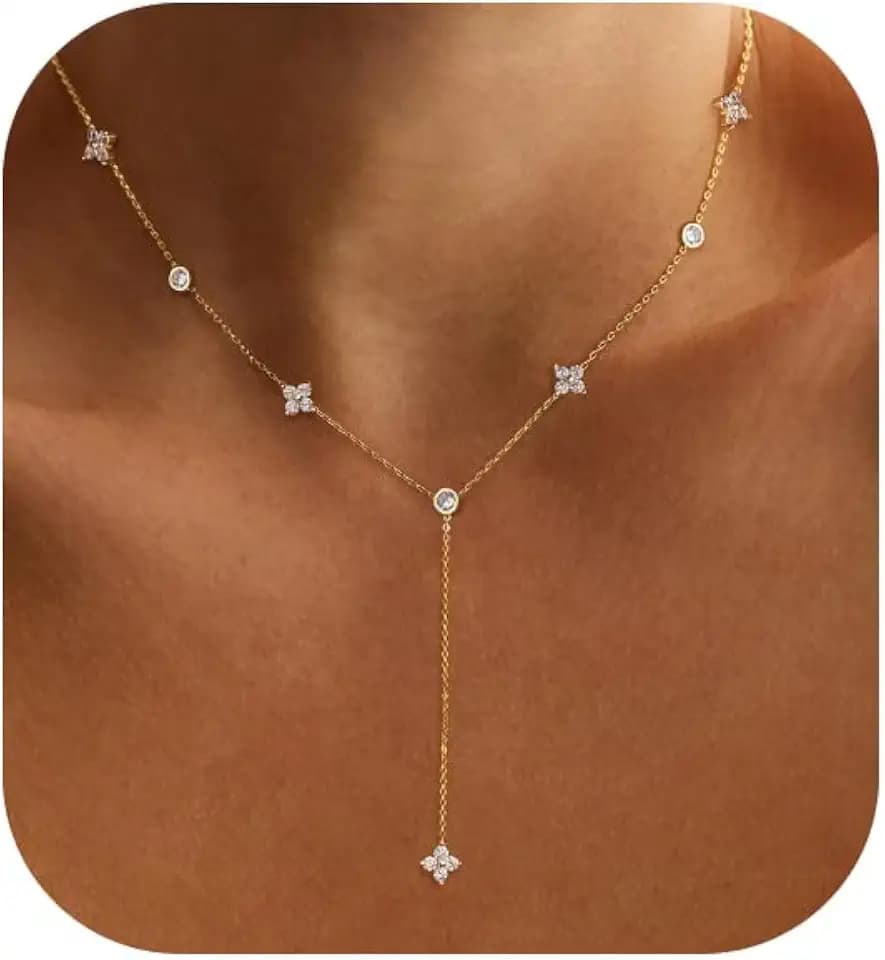 Long Gold Necklace For Women,Dainty Lariat Y Necklace 14K Gold Plated Cute Cubic Zirconia Lariat Necklaces Trendy Simple Statement Rhinestone Choker Necklaces Summer Jewelry