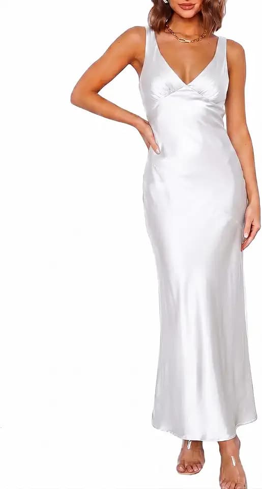VUBIYA Women's Summer Satin V Neck Backless Maxi Dress Wedding Guest