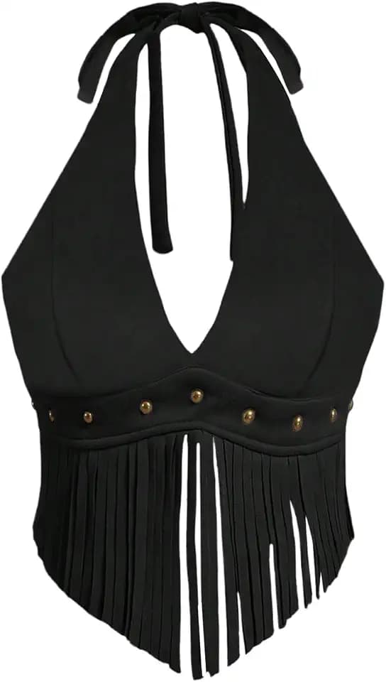 MakeMeChic Women's Fringe Going Out Tops Faux Suede Festival Halter Top
