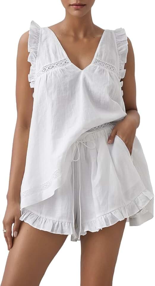 Womens Ruffle Short Set 2 Piece Outfits Fashion Summer Sleeveless Lace Trim Top and Shorts Cotton Pajama Sets
