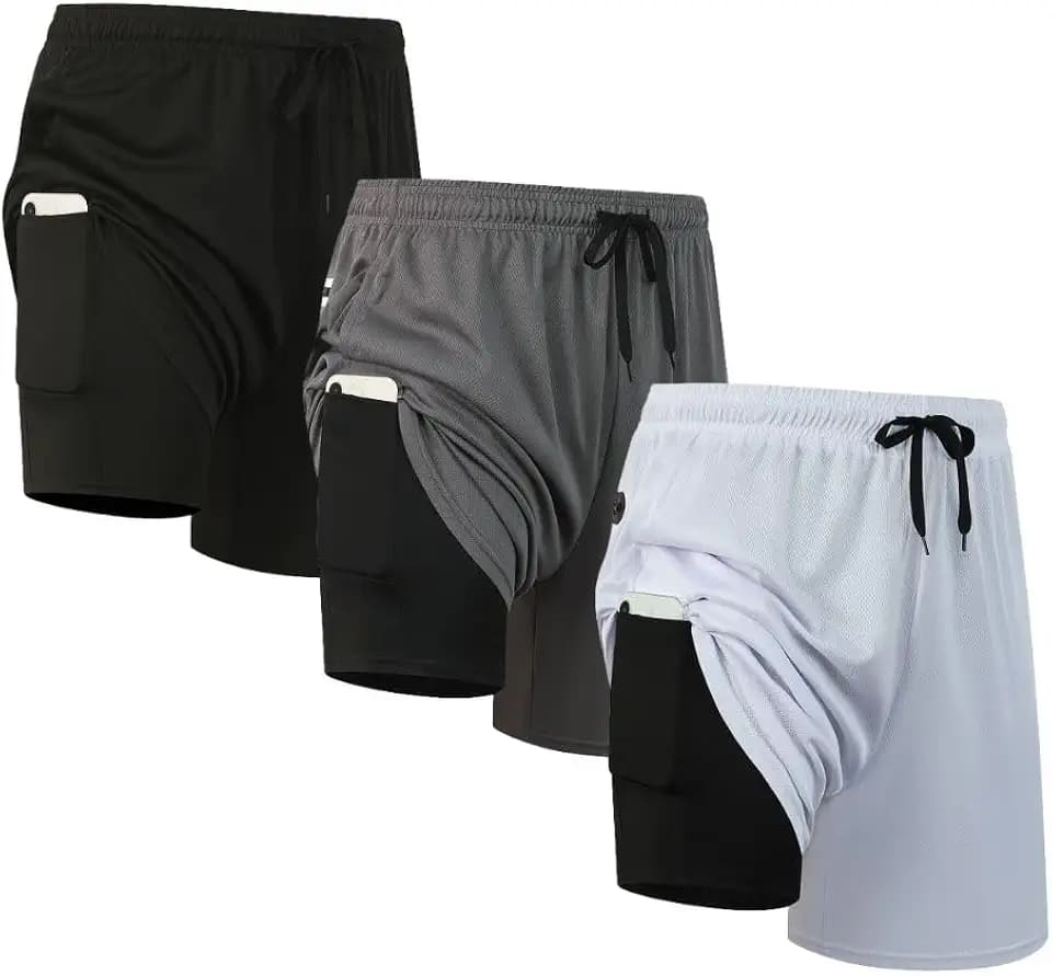 3er-Pack Herren-Sport-Shorts, 2-in-1-Shorts, schnelltrocknend, Fitnessstudio, Laufen, Workout, Activewear, Herren-Laufshorts mit Taschen