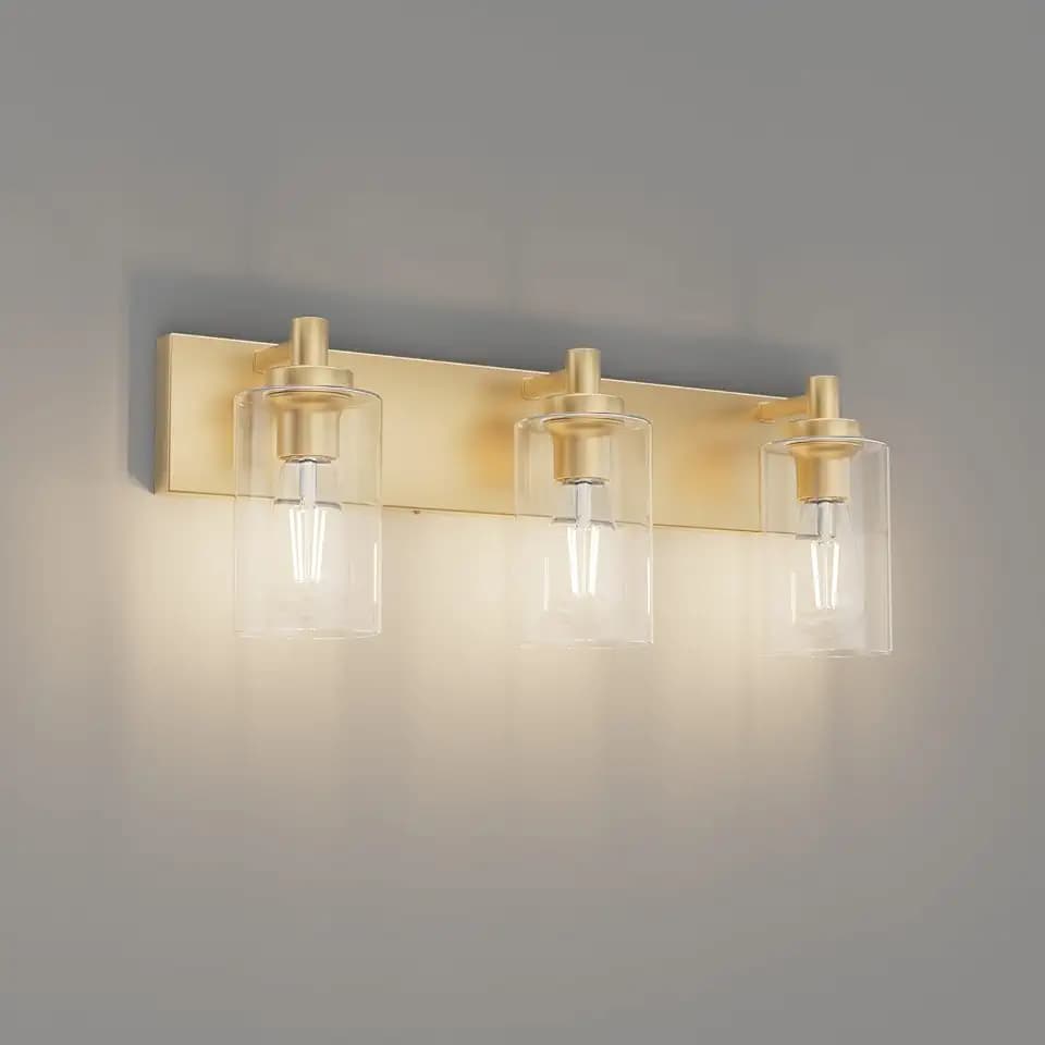 Tipace Vintage Vanity Light Fixture,3-Light Industrial Gold Bathroom Lighting with Clear Glass Shades Farmhouse Bath Lighting (Exclude Bulb)