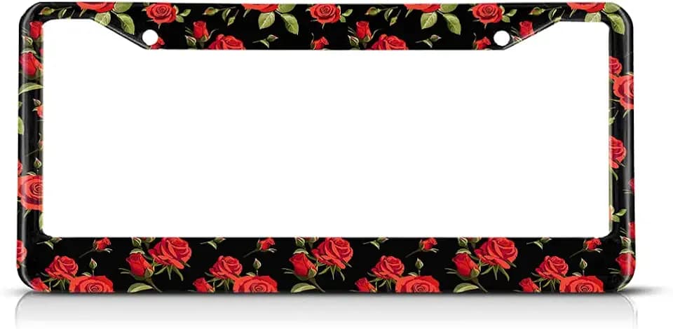 Red Roses Black License Plate Frame Retro Flower License Plate Holder Art Love Romantic Car Tag Frame License Plate Car Accessories 2 Holes Novelty Auto Car Tag Vanity Present