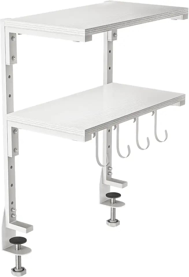 2-Tier Clamp On Desk Shelf, Clamp on Desk Shelf, 13 inch Adjustable Above or Under Wood Desk Storage Shelves, Heavy Duty Desktop Organizer for Working and Gaming Accessories, White