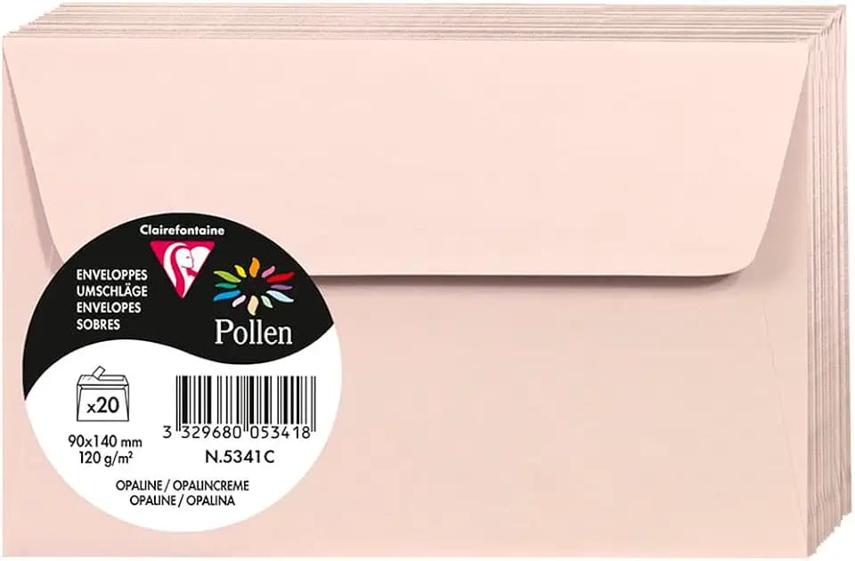 Clairefontaine 5341C - Packung mit 20 Umschlägen Pollen, 90x140 mm, 120g, selbstklebend, ideal für Ihre Einladungen und Korrespondenz, Premium glattes Papier, Opaline, 1 Pack