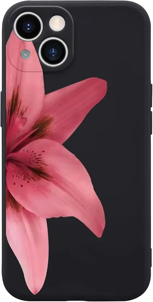 Pink Lily Flower Phone Case Cover for iPhone 14 Single Lily Flower Case Cover Liquid Silicone Soft Gel Rubber Matt Phone Cover with Microfiber Lining