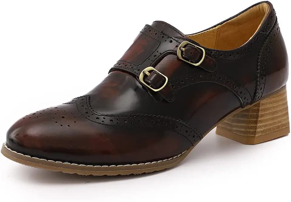 Mona flying Women's Leather Chunky Heel Monk Strap Wingtip Oxfords Pumps