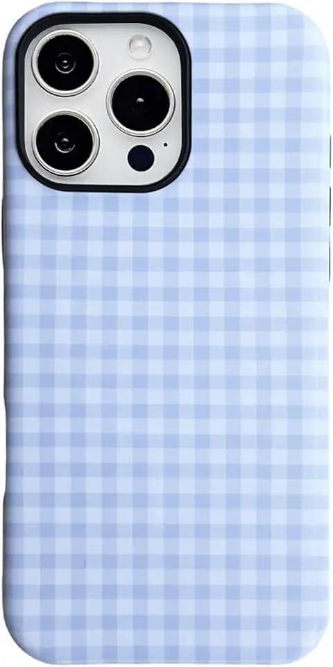 Gingham Plaid Magnetic Phone Case for iPhone 16 Pro Max, Blue White