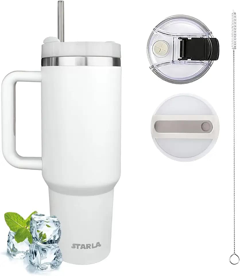 STARLA Thermobecher mit Strohhalm und Henkel 1,2l groß, 2 Deckel, auslaufsicher, Edelstahl Isolierbecher Kaffeebecher To Go Wasserbecher Getränkebecher Reisebecher Trinkbecher mit Griff (Weiss)