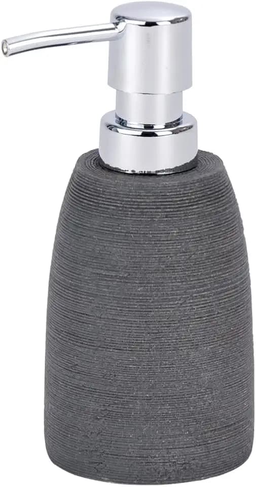 WENKO Seifenspender Goa, nachfüllbarer Pumpspender für Flüssigseife, Lotion oder Spülmittel, aus schwerem Kunststein (Polyresin), im natürlichen Stein-Look, Ø 7,4 x 10,5 cm, Füllmenge 210ml, Grau