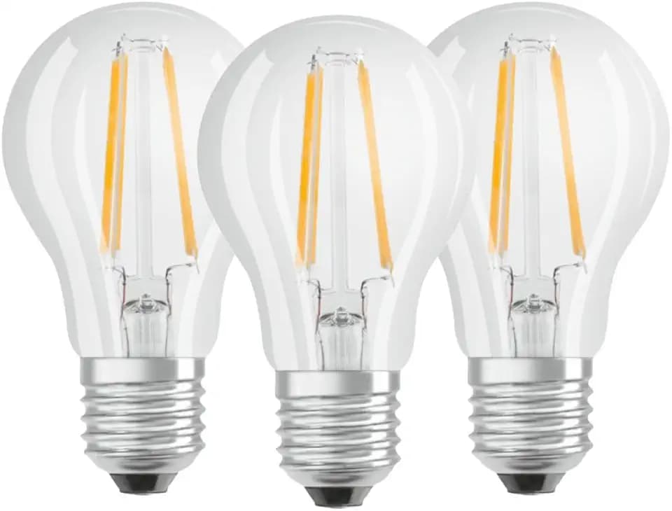 Osram LED Base Classic A Lampe, in Kolbenform mit E27-Sockel, nicht dimmbar, Ersetzt 6W=60 Watt, Filamentstil Klar, Kaltweiß - 4000 Kelvin, 3er-Pack